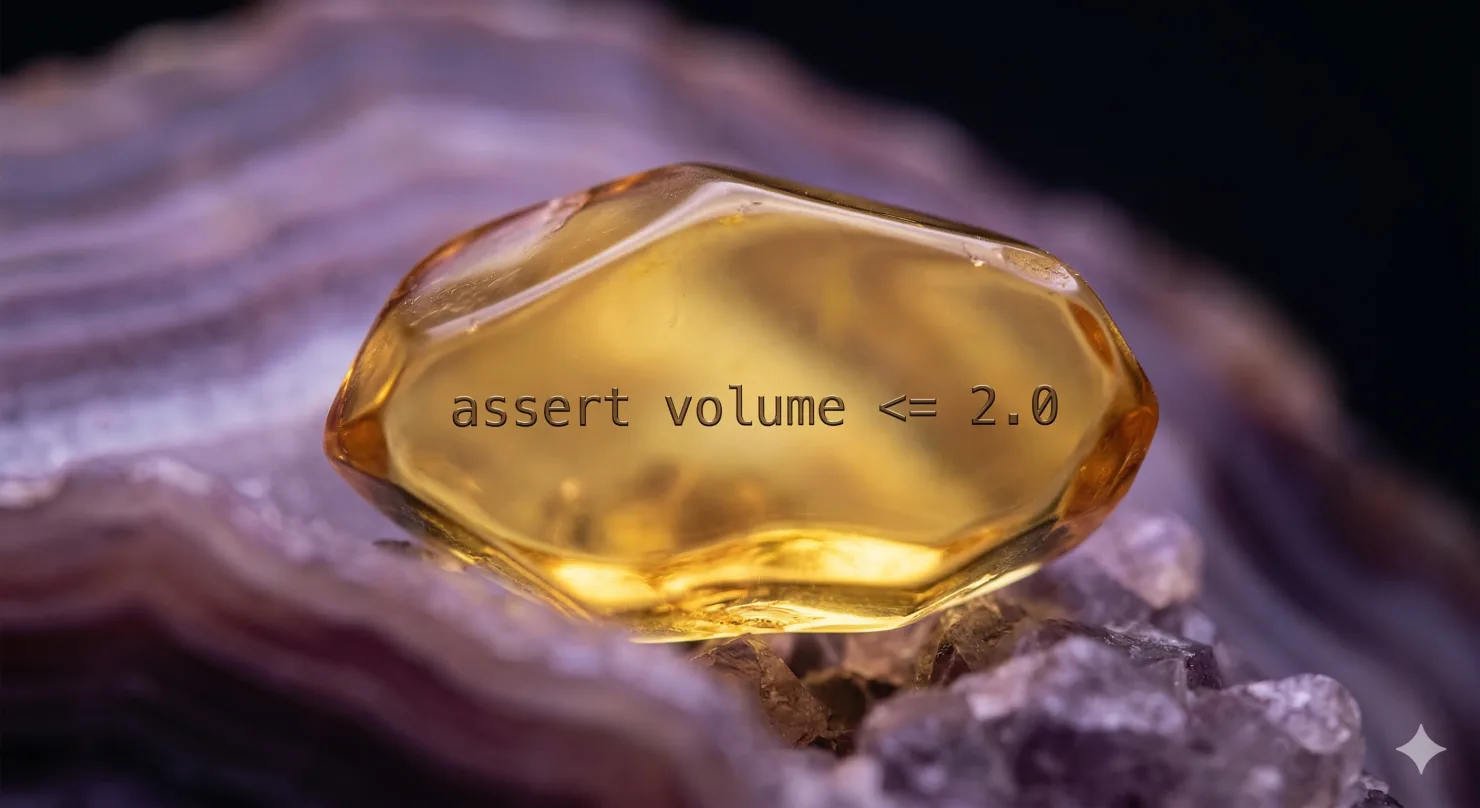 A test assertion preserved inside a translucent golden amber crystal against geological strata