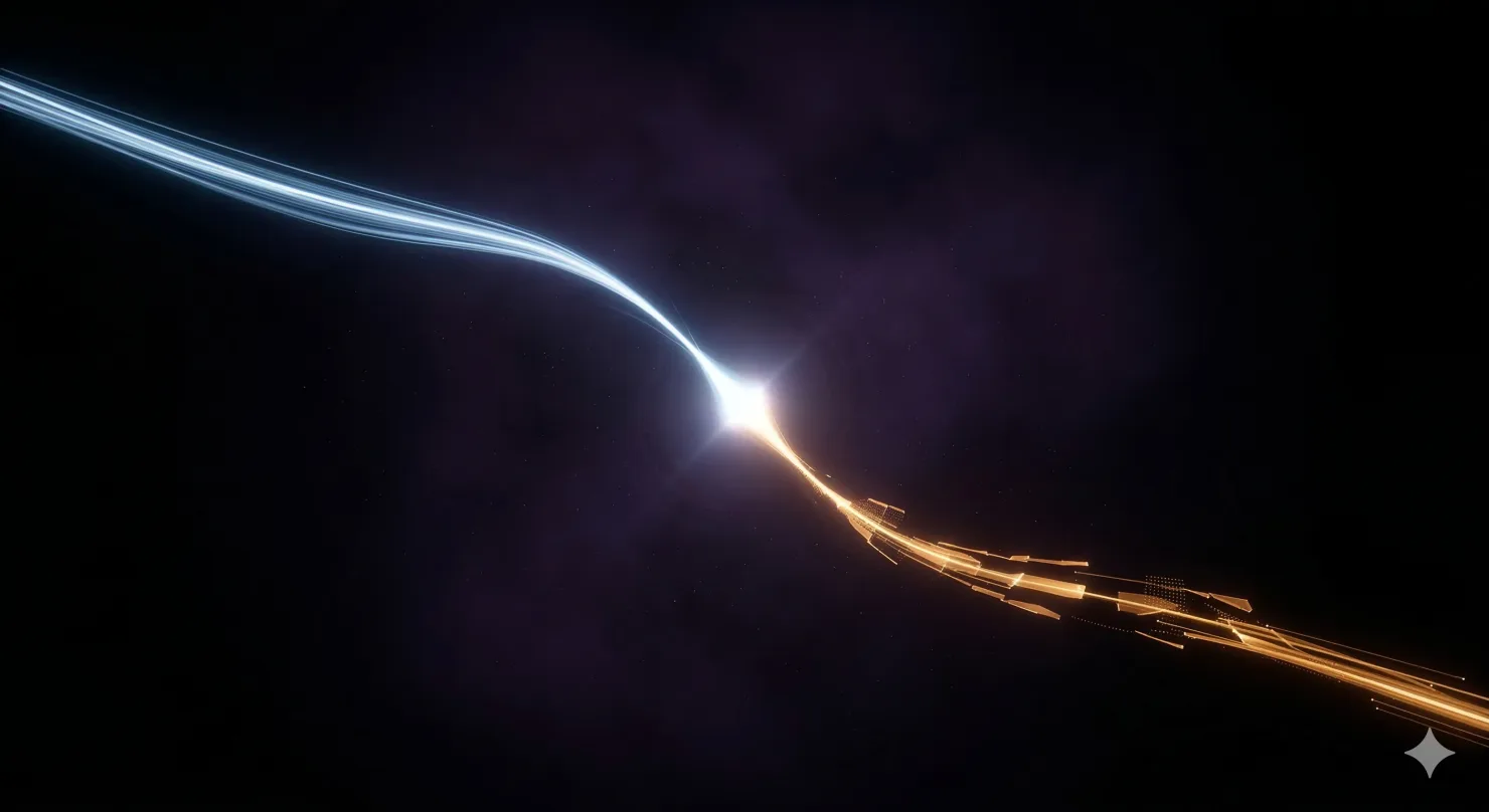 Two light paths — cool blue and warm amber — converging at a single bright node