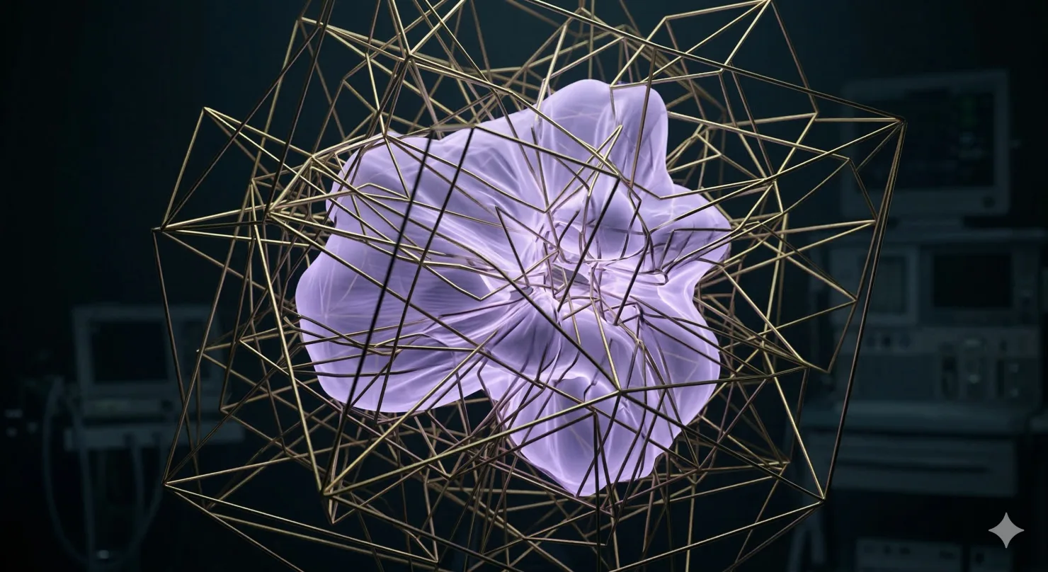 A lavender organic form compressed inside a golden wireframe cage