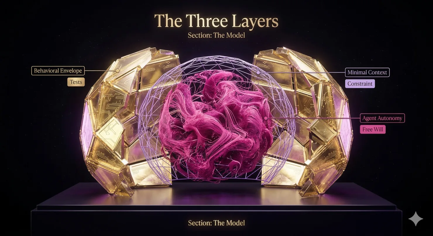 Three nested translucent shells — golden outer envelope, lavender wireframe context, magenta organic core