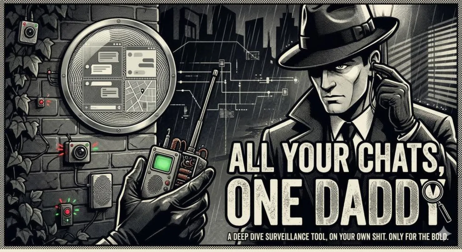 Chat Daddy — All Your Chats, One Daddy. A noir detective with a walkie-talkie surveilling chat transcripts.