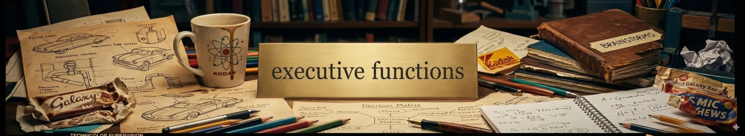 A brass nameplate reading 'executive functions' on a cluttered desk with blueprints, a Kodak mug, brainstorm notebooks, and scattered pens.