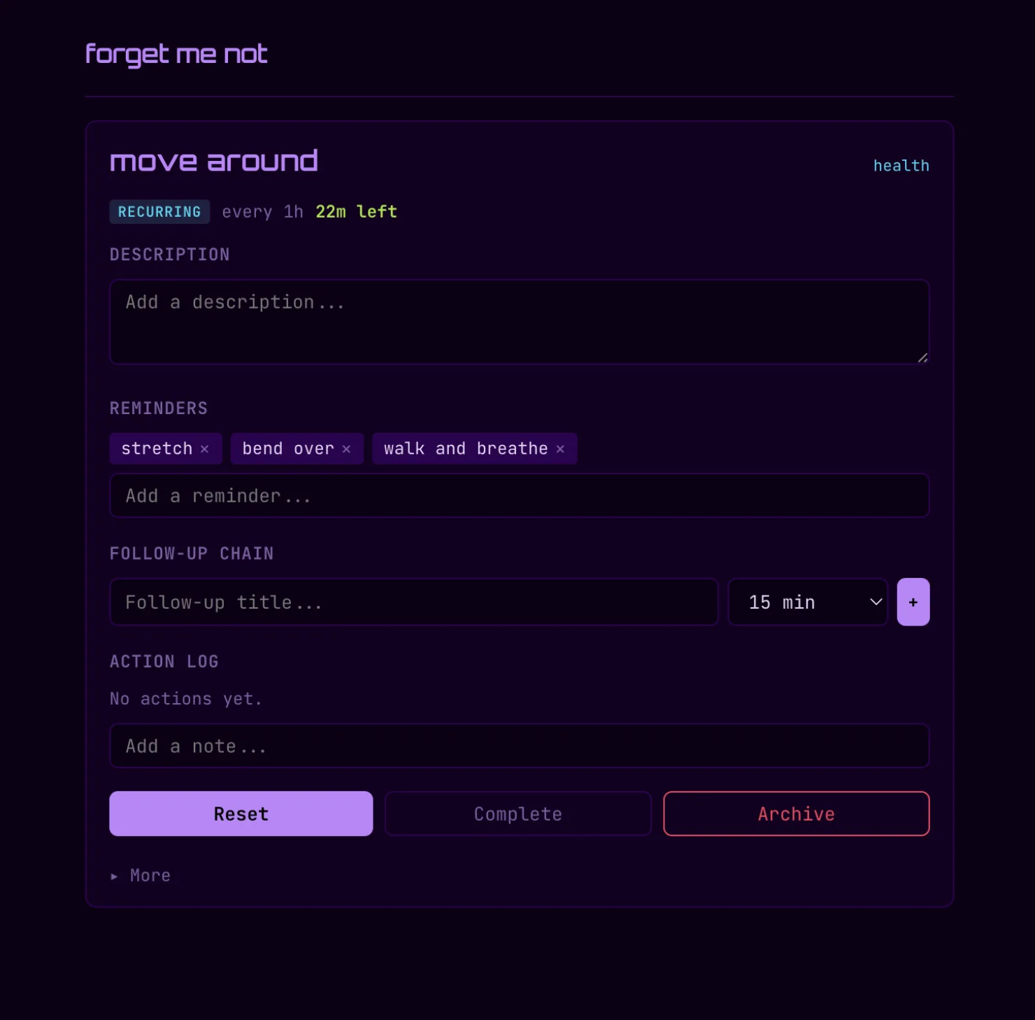 New task form — 'take a walk' with recurring toggle, reminders like 'stretch your legs' and 'riverwalk!', follow-up chain input, dark theme with red accents