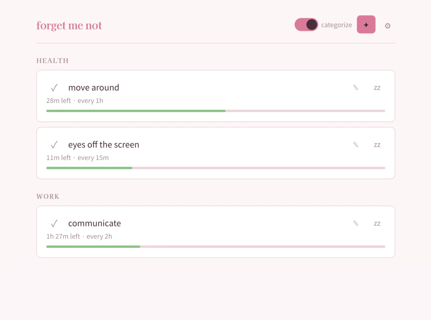 Forget Me Not in the Sakura theme — pink and green urgency bars on soft rose background, categories for Health and Work, tasks like 'move around' and 'eyes off the screen'