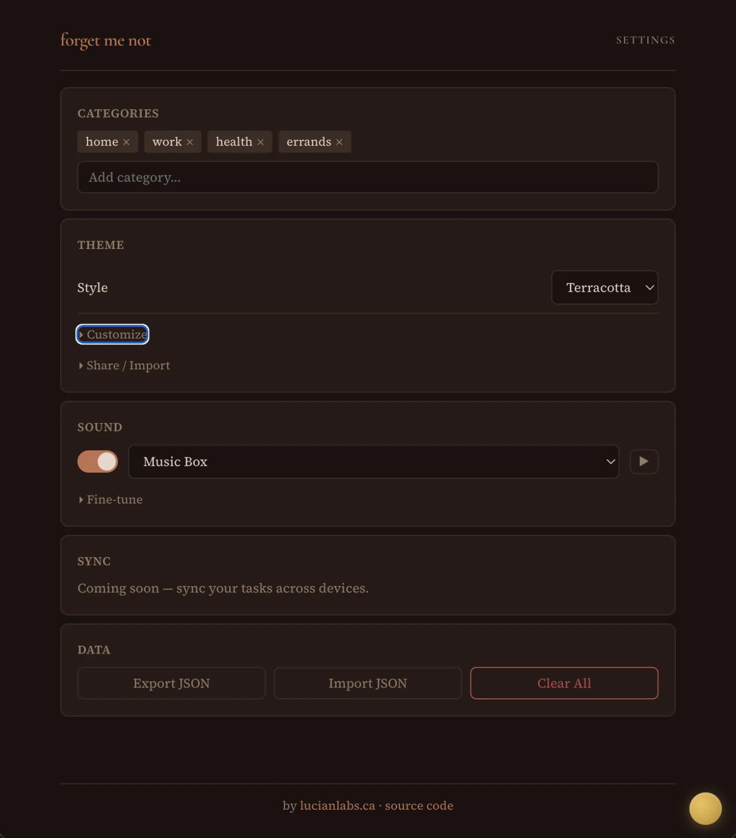 Settings page in Terracotta theme — categories, theme picker with Customize and Share/Import, YamaBruh sound preset selector, sync placeholder, data export/import