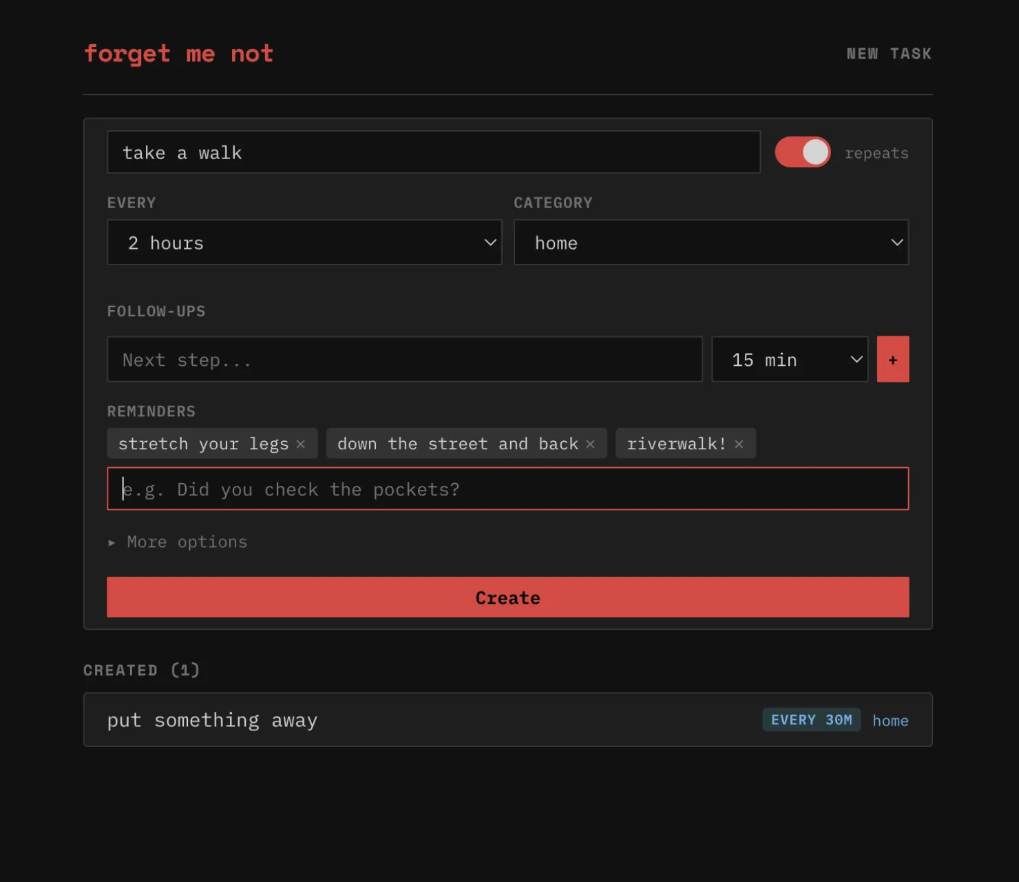 Task detail view in Neon theme — 'move around' with purple accents, reminders like 'stretch' and 'walk and breathe', follow-up chain, action log, reset/complete/archive buttons