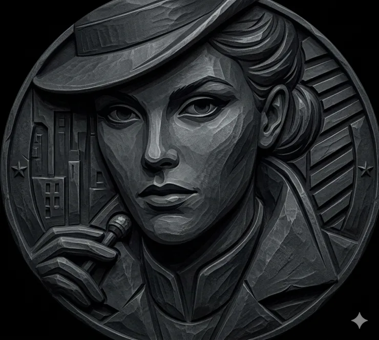 Message Mommy coin portrait — dark bas-relief style illustration of a woman in a fedora holding a communication device, city skyline behind