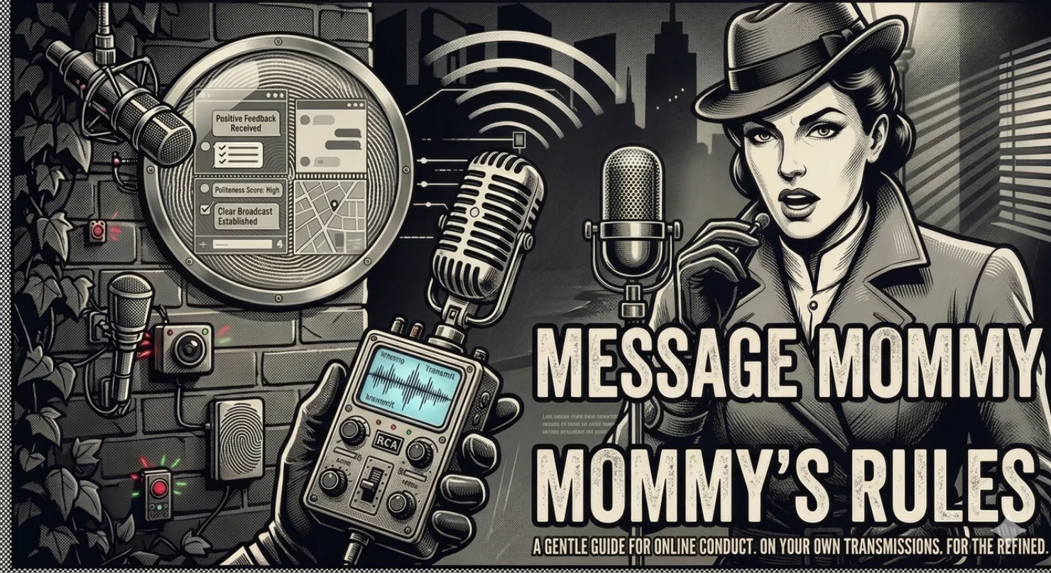 Message Mommy — Mommy's Rules. Noir illustration of a 1940s woman in fedora and trench coat surrounded by surveillance equipment, broadcast microphones, and communication device props.