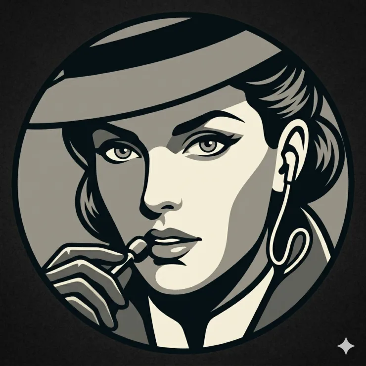 Message Mommy — circular noir portrait of the character, silver-toned illustration of a woman in a fedora with an earpiece