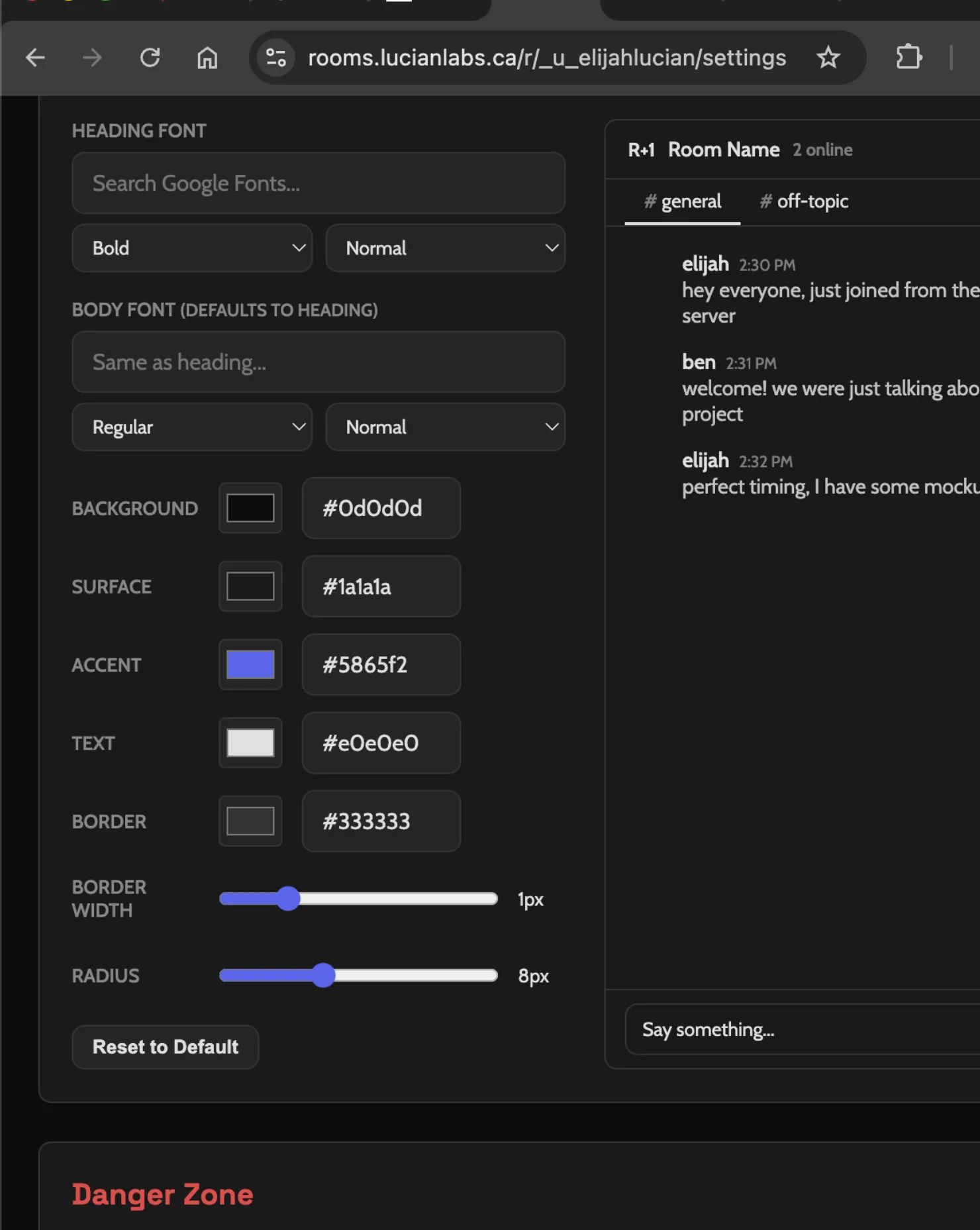 Room+1 theme editor — color pickers, font selectors, border controls on the left; live chat preview on the right, all themed in dark green.