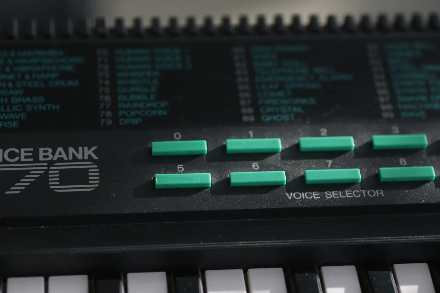 PSS-470 voice bank — green selector buttons and 99 preset names printed on weathered black plastic